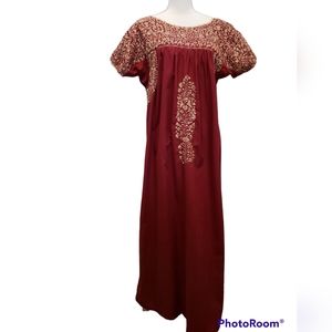 SAN ANTONIO DRESS - LONG - POPLIN - BURGUNDY - GOLD EMBROIDERY -  X LARGE